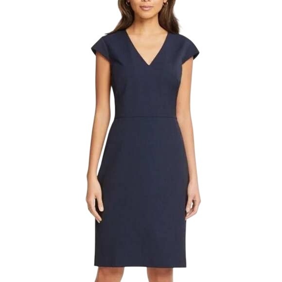 Ann Taylor Factory Navy Blue Cap Sleeve V Neck Sheath Dress Size 4 Office Career - Picture 2 of 12